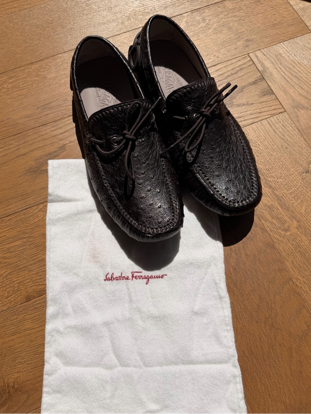 Salvatore Ferragamo Brown Ostrich Leather Moccasin Loafers with Lace Tie